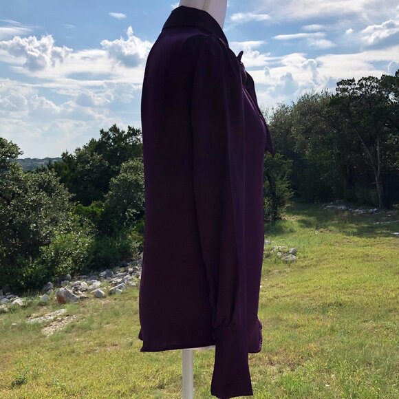 H&M Deep Purple Long-Sleeve Tie-Neck V-Neck Blouse Women's Size 2 Elegant Work - Picture 2 of 16
